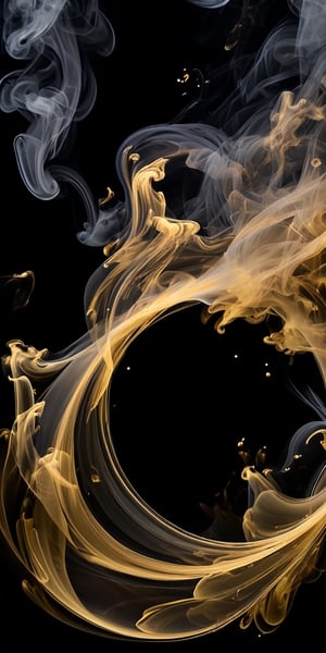 Photography: Against a black background, swirling Gold ink resembling smoke fills the space, creating an ethereal atmosphere full of mysterious allure.