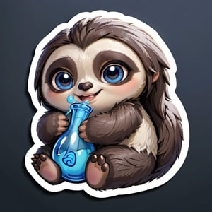 In the whimsical world of adorable sloth characters, a new star is born—a cute chibi sloth designed to steal hearts and spread joy. With round, roly-poly features and an irresistibly endearing expression, this character is destined to become everyone's favorite companion. Its fluffy fur is rendered in soft shades of black and white, while its big, expressive eyes twinkle with mischief and curiosity. The chibi sloth holds a big blue bong and sits playfully, its tiny paws poised in a gesture of innocence. This character design is perfect for stickers that will brighten up any surface with its charm and cuteness, spreading smiles wherever it goes.,disney pixar style,sticker