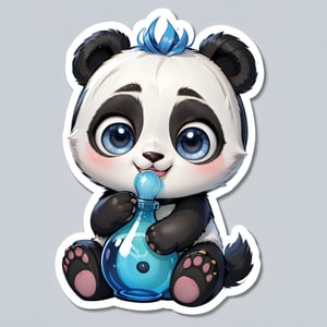 In the whimsical world of adorable panda characters, a new star is born—a cute chibi panda designed to steal hearts and spread joy. With round, roly-poly features and an irresistibly endearing expression, this character is destined to become everyone's favorite companion. Its fluffy fur is rendered in soft shades of black and white, while its big, expressive eyes twinkle with mischief and curiosity. The chibi panda holds a blue bong and sits playfully, its tiny paws poised in a gesture of innocence. This character design is perfect for stickers that will brighten up any surface with its charm and cuteness, spreading smiles wherever it goes.,disney pixar style,sticker