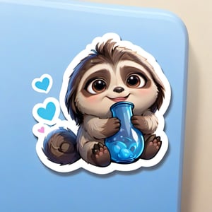 In the whimsical world of adorable sloth characters, a new star is born—a cute chibi sloth designed to steal hearts and spread joy. With round, roly-poly features and an irresistibly endearing expression, this character is destined to become everyone's favorite companion. Its fluffy fur is rendered in soft shades of black and white, while its big, expressive eyes twinkle with mischief and curiosity. The chibi sloth holds a big blue bong and sits playfully, its tiny paws poised in a gesture of innocence. This character design is perfect for stickers that will brighten up any surface with its charm and cuteness, spreading smiles wherever it goes.,disney pixar style,sticker