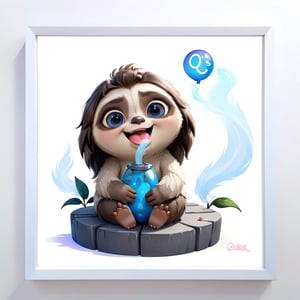 In a whimsical Disney-Pixar inspired scene, a chibi sloth starlet sits playfully, holding a big blue bong full of smoke. Framed against a bright white background, the sloth's round roly-poly features and irresistibly endearing expression shine with a soft glow. Its fluffy fur is rendered in gentle black and white hues, while its big expressive eyes twinkle with mischief and curiosity. The chibi sloth's tiny paws are poised in a gesture of innocence, as if holding onto the bong for dear life.