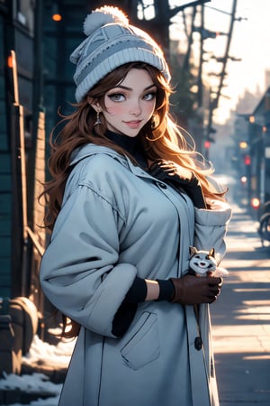 smile,beautiful woman,heavy winter coat,a woolly hat,gloves,holding a snow-white husky,whose fur gleams pristine in the winter sunlight,The woman's demeanor exudes gentleness and affection,a serene winter street,trees lining the sides covered in white snow,warmth and happiness,photo r3alm,Extremely Realistic, brown_eyes,Bakihanma,midjourney