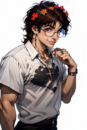 solo, looking at viewer, smile, short hair, shirt, brown hair, 1boy, white background, brown eyes, jewelry, flower, short sleeves, male focus, earrings, glasses, pants, artist name, hand up, hair flower, dark skin, necklace, hand on hip, black shirt, v, chain, black pants, cross, red flower, head wreath, cross necklace, print shirt,Bakihanma,midjourney,brown_hair