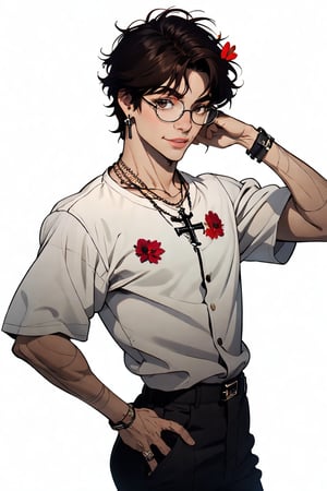 solo, looking at viewer, smile, short hair, shirt, brown hair, 1boy, white background, brown eyes, jewelry, flower, short sleeves, male focus, earrings, glasses, pants, artist name, hand up, hair flower, dark skin, necklace, hand on hip, black shirt, v, chain, black pants, cross, red flower, head wreath, cross necklace, print shirt,Bakihanma,midjourney,brown_hair