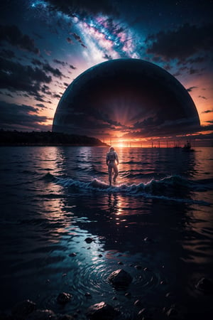 Astronaut walking on water, ocean, sea, alien portal on sea, astronaut entering portal,mysticlightKA,Add more detail, Dawn breaks, unveiling a complex landscape illuminated solely by the twinkling stars. The sky is filled with wonder, casting a mesmerizing glow. From a low and profound perspective, cinematic lighting enhances the scene with dynamic radiance.