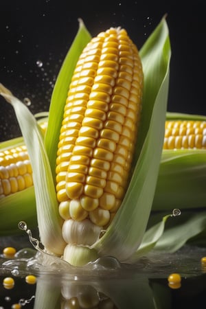 High quality, masterpiece, 4K, quality, Tyndall effect, RAW natural photo of (((perfect))) Corn, fresh, water splash, only one light cenital chimera, day advertising shooting, realistic photograph, sharp focus, depth of field, shoot, ,side shot, side shot, ultrahd, realistic, vivid colors, highly detailed, perfect composition, 8k, photorealistic concept art, soft natural volumetric cinematic perfect light,booth, food focus