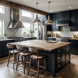 Modern Scandinavian Style Island Kitchen: The island features light tones and minimalist design, paired with wooden countertops and chairs, presenting a fresh and modern Scandinavian style.