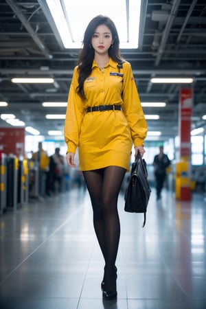 1girl,Sweet,Kawaii,full body,,(masterpiece, best quality, hires, high resolution:1.2),Cinematic film still, Stewardess Yellow  Uniform,cleavag, whole body, long legs,looks at viewer, ,Cinematic film still,(RAW photo, best quality), (realistic, photo-realistic:1.4), masterpiece, an extremely delicate and beautiful,perfect anatomy,soft light,slender body,standing, Black stockings,(RAW photo, best quality), (realistic, photo-realistic:1.4), masterpiece, an extremely delicate and beautiful,inside an aeroplane interior, background is on the airplane runway (apron)