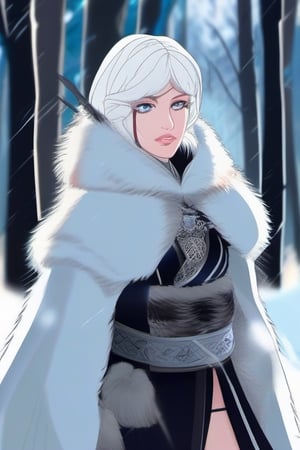 A fierce female warrior fighting in a snowy forest, in Medieval cloak, fur trimmed cloak, long hair, looking at viewer, blue eyes, simple  background, (hair ornament), gem, tassel, hair between eyes, jewelry, upper body, earrings, lips, fur trim, eyelashes, portrait, beads, emo, (sharp eyes:1.4), (rebellious:1.4), (fierce:1.4), (standing: 1.2), silver-white hair, Gothic make-up, tough, wild. Kyoto Animation stylized anime, cinematic Lighting, ethereal light, intricate details, extremely detailed, incredible details, full colored, complex details, insanely detailed and intricate, hyper maximalist, gorgeous light and shadow, detailed decoration, detailed lines. Masterpiece, best quality, aerial view, HDR, UHD, unreal engine. looking at the camera, dark Fantasy background, representative, fair skin, beautiful face,A beautiful indian girl, blonde hair, dynamic character, detailed exquisite face, bold high quality, high contrast,art_booster,DonMS4kur4XL