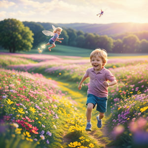 A young child, gleefully chasing a luminous pixie, darting playfully through a vibrant, sunlit flower field, with a wide-angle shot capturing the dynamic interaction and the expansive, colorful landscape.