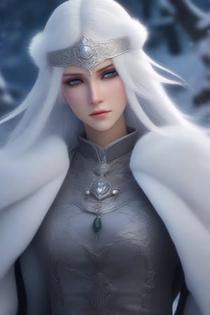 A fierce female warrior fighting in a snowy forest, in Medieval cloak, fur trimmed cloak, long hair, looking at viewer, blue eyes, simple background, (hair ornament), gem, tassel, hair between eyes, jewelry, upper body, earrings, lips, fur trim, eyelashes, portrait, beads, emo, (sharp eyes:1.4), (rebellious:1.4), (fierce:1.4), (standing: 1.2), silver-white hair, Gothic make-up, tough, wild. Kyoto Animation stylized anime, cinematic Lighting, ethereal light, intricate details, extremely detailed, incredible details, full colored, complex details, insanely detailed and intricate, hyper maximalist, gorgeous light and shadow, detailed decoration, detailed lines. Masterpiece, best quality, aerial view, HDR, UHD, unreal engine. looking at the camera, dark Fantasy background, representative, fair skin, beautiful face,A beautiful girl, blonde hair, dynamic character, detailed exquisite face, bold high quality, high contrast,art_booster,DonMS4kur4XL