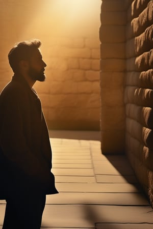 A solitary figure, a lone man stands against a warm, golden-hued backdrop, his rugged features illuminated by a soft, overhead light. His eyes gaze downward, lost in thought, as he leans against a weathered stone wall, worn from the elements. The simplicity of the composition draws attention to the subject's contemplative expression.4k quality photo, realistically detailed photoshoot, ultra-realistic wide background, 