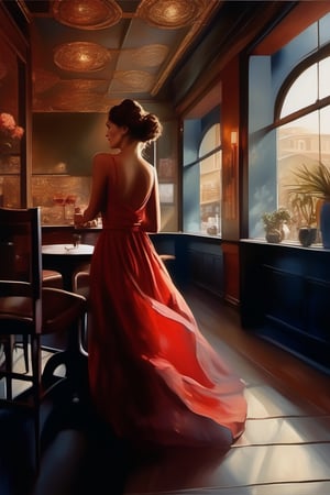 4k resolution painting of a beautiful woman in a red dress dancing gracefully in a dark cafe.girl looking like that campursari, ((Karol Bak style)) easel painting. (Rough brush strokes). Mystical.Mysterious.Ethereal. Legend.Dancing captivatingly under the Dim lights in the middle of a quiet cafe.Dark and Hazy background.A strong light shining on her.A charming smile and full of energy.People watching her at the cafe. BREAK (back view), (from behind) rule of thirds, depth of perspective,perfect composition,oil on canvas,impressionism,clear facial features,perfect hands,aesthetic minimalism,by Karol Bak,real_booster,art_booster,flat chested,1girl,skirtlift,(PnMakeEnh), (((petite))),



 