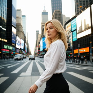 A blonde woman strolling through the city, captured in a mid-shot, natural lighting highlighting her features, her gaze directed towards the bustling urban landscape, the composition emphasizing the contrast between her relaxed pose and the dynamic city backdrop.