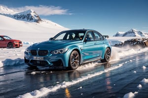 dark green BMW M3 , Racing through the polar wilderness of Antarctica, vehicles skidding on treacherous terrain, navigating perilous conditions, a masterpiece, showcasing exceptionally intricate vehicle details, with wet ground and a selective focus photography technique,Masterpiece