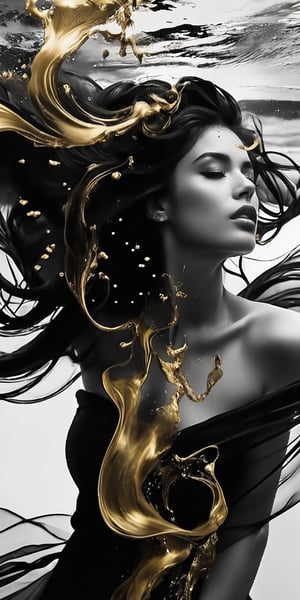 CAMILA ROJAS, photography, a beautiful woman with dark hair in black and white is surrounded by Gold ink that flows like smoke. She has her head tilted back as she floats underwater, creating an ethereal atmosphere. Her face reflects intense emotions of pain or sadness, adding to his mysterious allure. Open eyes 
