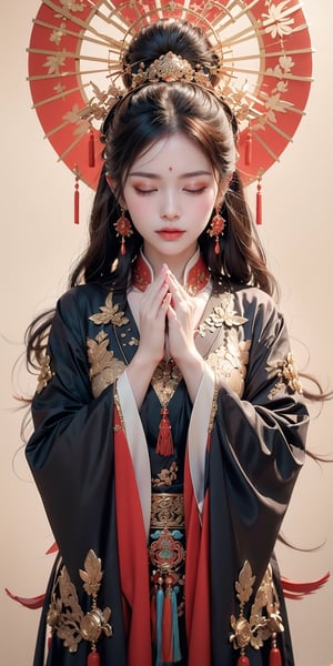 A Chinese ancient beauty is praying, with hands clasped together, eyes closed in silence, wearing a solemn yet beautiful expression, White Background