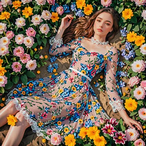 a beautiful woman, laying in flowers, wearing dress, surrounded by flowers, pretty, vibrant, full-body_portrait, full body portrait, detailed face, masterpiece, scenic, eye pleasing, beauty, photograph style, realistic ,Extremely Realistic,portraitart,portrait art style, (((photo taken from a drone))) 