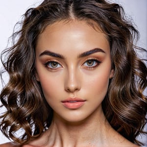 Realistic photo of a stylish young woman with large, captivating eyes, thick eyebrows, a strong jawline, high cheekbones, and a natural complexion. Her hair is in loose waves. slim boned, long limbed, lithe and with very little body fat and little muscle .Highlighting her as a modern.