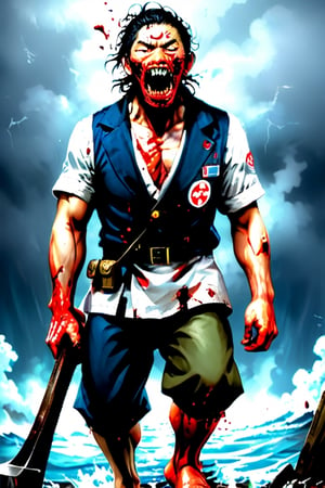 full body, ((standing, carrying axe)), crazy, innsmouth face, 1male, japanese sailor, WWII, perfect, here's johnny! (meme), bloodied face