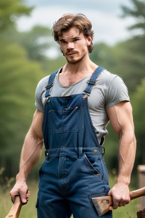 solo, standing, male focus, outdoors, overalls, using axe, crazy