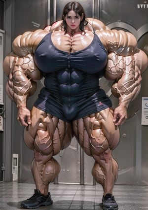 A heavily muscled iffb pro female bodybuilder 22  year  old with huge_breasts, black hair, pale skin, muscle_&_abs, muscular, gigantic_breasts, soft lighting, extremely big_muscles, buff, bodybuilder, muscular, beefcake, futanari, huge_cock, muscle mommy, Sexy muscular, big muscles, close up,fmg,veiny penis, naked, nude,big breasts,hyper breasts