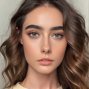 A realistic photo of a stylish young woman with large, captivating eyes, thick eyebrows, a strong jawline, high cheekbones, and a natural complexion. Her hair is in loose waves. slim boned, long limbed, lithe and with very little body fat and little muscle .Highlighting her as a modern 