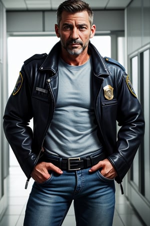 male,40+ years old,police,detective,miami PD,whiskers,leather jacket,jeans,Portrait,在警局办公室