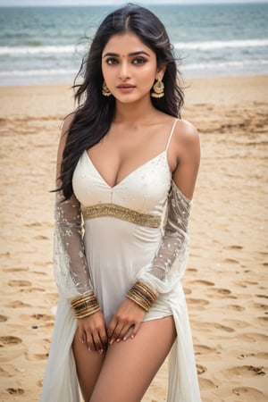 beautiful bold young seducing indian married girl at age of 20, cute, Instagram model, long black_hair, siting on beach, skin colour must be bright, wear india white short dress , Add Beautiful makeup, hot, body color white