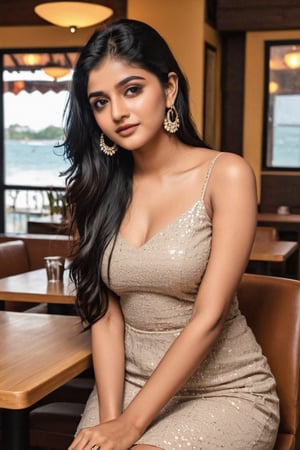 beautiful bold young sexy indian girl at age of 20, cute, Instagram model, long black_hair, siting in restaurant, skin colour must be bright, beautiful casual short dress, Add Beautiful makeup