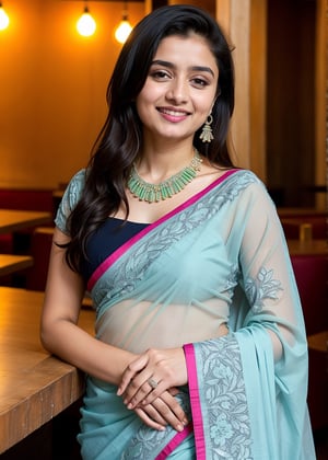 Lovely cute hot Alia Bhatt, acute an Instagram model 22 years old, full-length, long blonde_hair, black hair, They are wearing a light blue and green Floral Woven Design Saree. The background cafe drinking water. indian cafe, necklace on sarees, photo pose smile, natural photoshoot idia background water Lake 