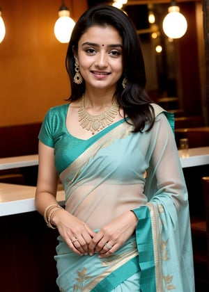 Lovely cute hot Alia Bhatt, acute an Instagram model 22 years old, full-length, long blonde_hair, black hair, They are wearing a light blue and green Floral Woven Design Saree. The background cafe drinking water. indian cafe, necklace on sarees, photo pose smile, 