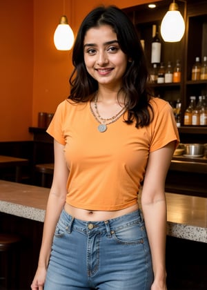 Lovely cute hot Alia Bhatt, acute an Instagram model 22 years old, full-length, long blonde_hair, black hair, They are wearing a scretch jeans and transparent tshirt cool orange colour. The background cafe drinking water. indian cafe, necklace on sarees, photo pose smile, 