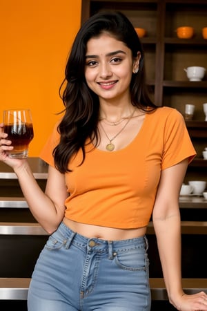 Lovely cute hot Alia Bhatt, acute an Instagram model 22 years old, full-length, long blonde_hair, black hair, They are wearing a scretch jeans and transparent tshirt cool orange colour. The background cafe drinking water. indian cafe, necklace on sarees, photo pose smile, natural_background