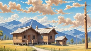 trees (in_front), wood houses, (mountains in background), noon (cloudy_sky),artistic oil painting stick,rough,ADD MORE DETAIL