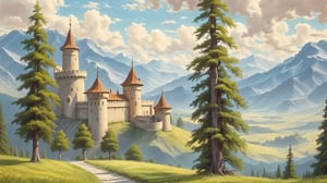 trees (in_front), castle, (mountains in background), noon (cloudy_sky),artistic oil painting stick,rough,ADD MORE DETAIL