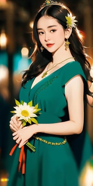 1girl, long hair, photo 1:3, breasts, looking at viewer, multiple girls, black hair, hair ornament, dress, brown eyes, jewelry, flower, solo focus, hair flower, necklace, blurry, blurry background, crown, green dress, realistic,pevit4, 5_fignered