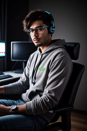 Hyperrealistic, a 30 year old Indonesian man wearing blue hoodie labeled white (Dannie Herdyawan), black jeans, bright purple crew cut hairstyle, thin body, gaunt face, sporty glasses, sitting in a gaming chair, front view. The background is a dark room, RGB gaming PC with screen opens Spotify, green neon with text (RUDET) on wall. Make sure the text (Dannie Herdyawan) (RUDET) is read clearly.,<lora:659111690174031528:1.0>