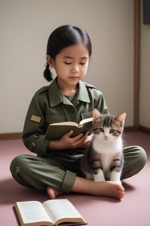 A photography of an Indonesian little girl and a kitten, both wearing army camouflage clothes, sitting cross legged, reading a book, full body. The scene is indoors, the angle is from a distance, the lighting is natural, and the effect is high brightness.,<lora:659095807385103906:1.0>