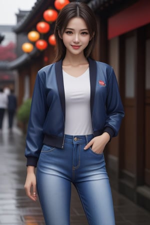 masterpiece, ultra realistic,32k,intricate details, sharp focus, realistic, closed mouth, full body, 1 girls, shiny skin, seductive smile, black eyes, lips, realistic, looking_at_viewer, wet skin, shiny skin,asakusa japan background,standing pose,longpants,long_sleeves,casual clothes,jacket,jeans.high School uniform,Extremely Realistic,<lora:659095807385103906:1.0>