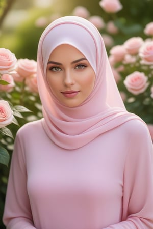 (candid:1.3) photo of a beautiful woman, wearing soft pink hijab, and dressed with soft pink muslim dress, long sleeves, along a roses, upper body shot, against a flowers garden backdrop, sunny bright, soft diffused lighting, eye level, on a Sony A7111, with a (soft focus filter:1.3), depth of field, (in the style of Miko Lagerstedt:1.3),<lora:659095807385103906:1.0>