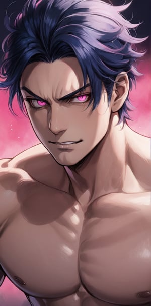 1 man with lethargic sleepy smokey eyes,((slit pupil pink eyes)),(dark blue hair),muscular body,boxing.smirk