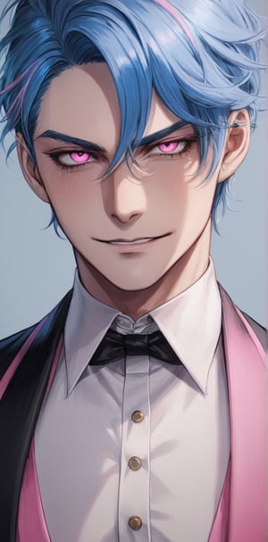 1 man with lethargic sleepy smokey eyes,((slit pupil pink eyes)),(blue hair),muscular body,smirk,butler costum,close up 