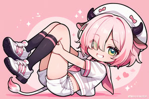 solo, looking at viewer, smile, short hair, bangs, shirt, BLOND hair, 1boy, animal ears, FETAL POSITION,PINK school uniform, tail, white shirt, PINK hair, short sleeves, male focus, multicolored hair, horns, shoes, PINK sailor collar, mole, hair over one eye, grin, two-tone hair, neckerchief, GREEN eyes, mole under eye, white headwear, white footwear, white socks, sneakers, white shorts, sailor hat, cow ears, cow horns, PINK neckerchief, sailor, cow boy,CHIBI,EYE VISIBLE THROUGH HAIR, BLACK thighhighs