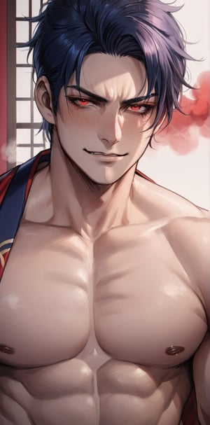 1 man with lethargic sleepy smokey eyes,((slit pupil red eyes)),(dark blue hair),muscular body,kimono,topless, smirk,close up torso, blushing,smoke,japanese