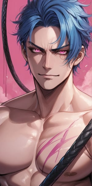 1 man with lethargic sleepy smokey eyes,((slit pupil pink eyes)),(blue hair),muscular body,holding a whip with a sadistic smirk,close up