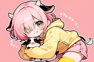 1BOY, solo, looking at viewer, blush, smile, SHORT MALE HAIR ,HAIR OVER ONE EYES,TONGUE OUT, GREEN eyes, skirt, thighhighs, long sleeves, WHITE COW ears, FETAL POSITION, tail, PINK hair, :d, hood, bag, YELLOW thighhighs,WHITE COW tail, fluff, hoodie, PINK SHORTS, hood down, polka dot, COW girl, YELLOW hoodie,CHIBI,EYE VISIBLE THROUGH HAIR