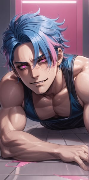 1 man with lethargic sleepy smokey eyes,((slit pupil pink eyes)),(blue hair),muscular body,smirk,pin down the face against the floor