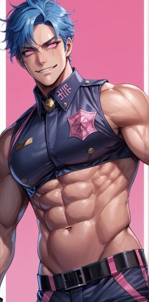 1 man with lethargic sleepy smokey eyes,((slit pupil pink eyes)),(blue hair),muscular body,smirk,firefighter uniform