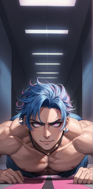 1 man with lethargic sleepy smokey eyes,((slit pupil pink eyes)),(blue hair),muscular body,smirk,doing pushup against the floor